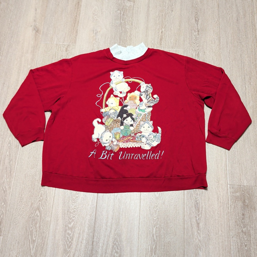 Vintage Basic Editions Plus 3XL Red Kitten Sweatshirt A Bit Unravelled Mock Neck